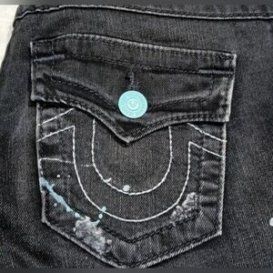 True Religion Black with Teal Splatter Super Skinny Distressed Jeans 29